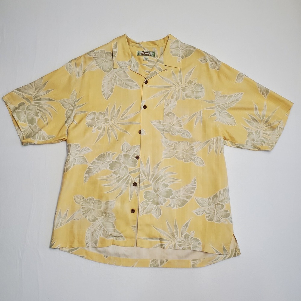 Tommy Bahama Mens Silk Button Up Shirt Large Yellow Palm Leafs Cooling Hawaiian